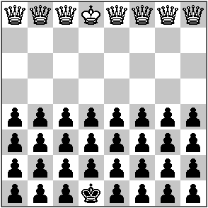 white has seven queens and a king, black has 27 pawns and a king