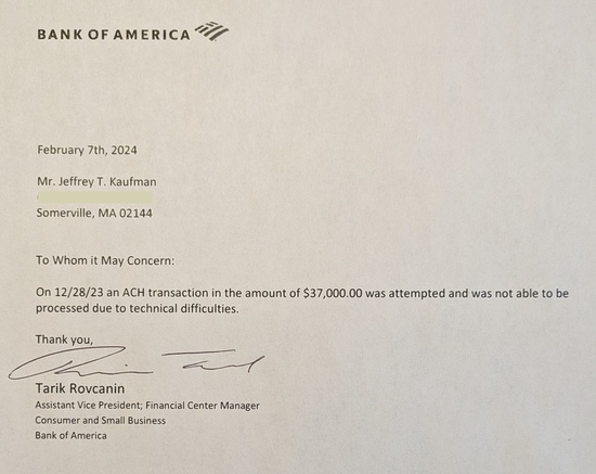 On 12/28/23
an ACH transaction in the amount of $37,000.00 was attempted and was
not able to be processed due to technical difficulties.