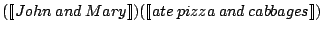 $\displaystyle (\llbracket John \: and \: Mary\rrbracket)
(\llbracket ate \: pizza \: and \: cabbages\rrbracket)$