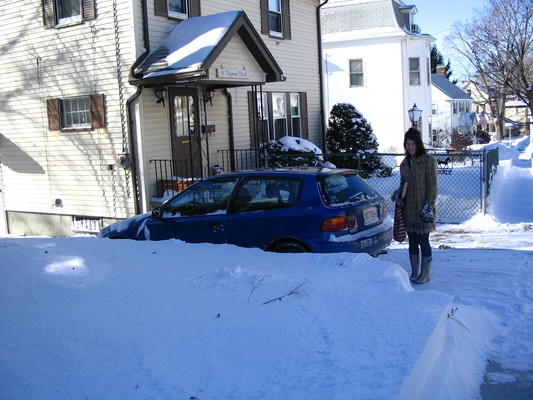Rosie, with snow and car