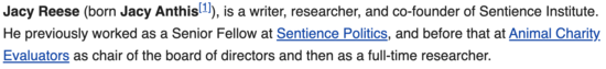 Jacy Reese (born Jacy
Anthis) is a writer, social scientist, and co-founder of Sentience
Institute.