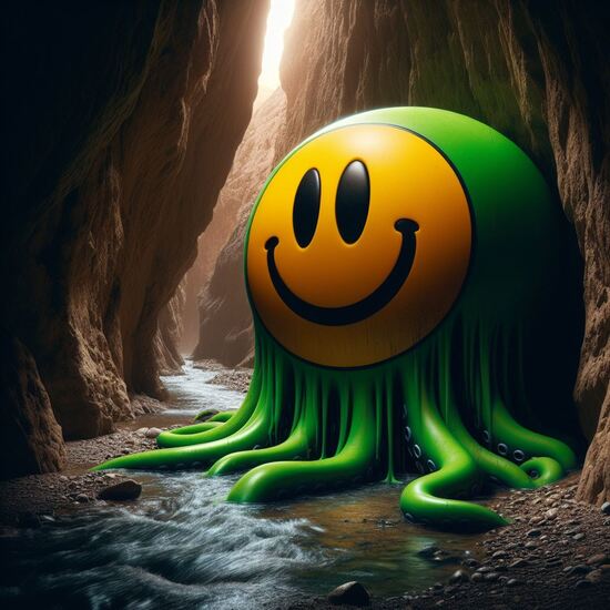an image of a green octopus wearing a 1970's happy yellow smiley face, stuck at the bottom of a dark canyon, with a small river running past?